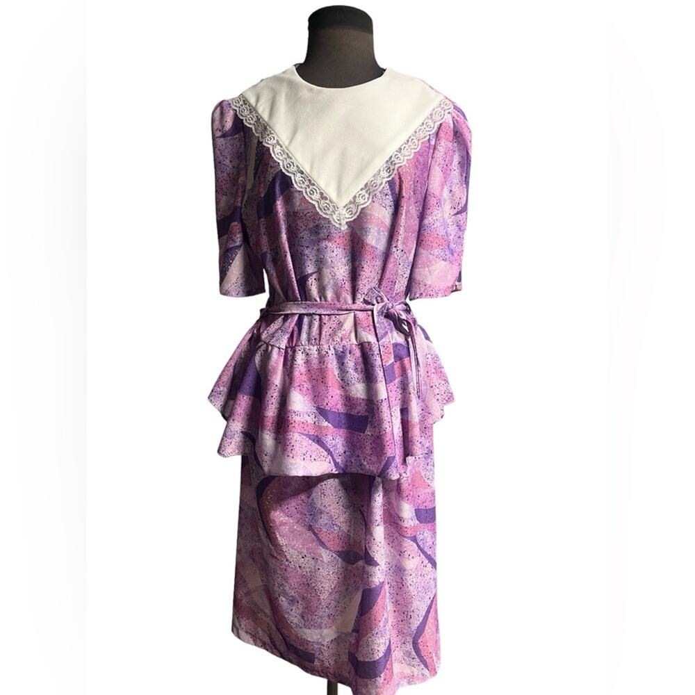 Vtg Lilac Artsy Belted Peplum Coquette Lace Trim Feminine Girly Dress 18